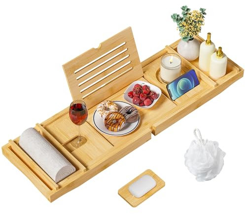 EXABANG Vassoio Vasca da Bagno in Bambù, Regolabile per Vassoio da Bagno Portaoggetti, 75-109 x 23 x 4,5 cm, Si adatta alla maggior parte delle vasche da bagno Stabile e Antiscivolo