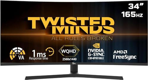 Twisted Minds 34 Inch Display Fast IPS Gaming Monitor - 3440 x 1440 FHD Resolution, 165 Hz Refresh Rate, 21:9 Aspect Ratio, 1ms Response Time - Black (TM34RWA)