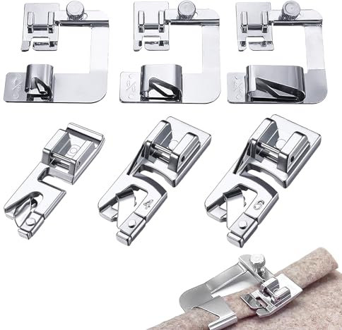 6 Stück Nähfüße Edelstahl Rollsaumfuß Multifunktions Wide Rolled Hem Saumfuss Presser Foot Nähmaschinenfüße Set Silber Einstellbare Fuß Gerolltem Saum Ersetzen Zubehör für Meisten Nähmaschinen