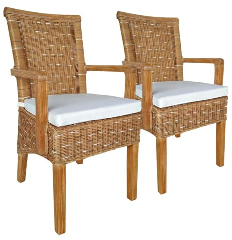 Amago home Esszimmer Stühle Set mit Armlehnen 2 Stück Rattanstuhl Perth Capuccino Korbstuhl Sessel nachhaltig Farbe mit Sitzkissen