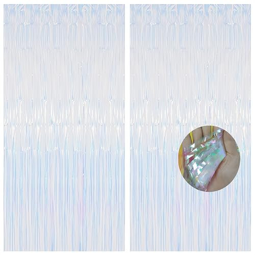 2pcs Holographic Transparent Tinsel Curtain Backdrop, 1*2m Iridescent Foil Door Curtain, Glitter Fringe for Birthday, Hen Do, Xmas Party Decorations