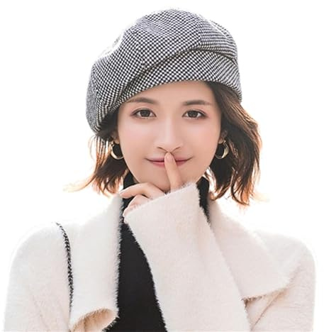 HIQIU Baskenmütze Damen Winter Warm Wolle Mischung Frauen Vintage Achteckigen Plaid Wintermütze Barett Cap Maler Beanie Cap
