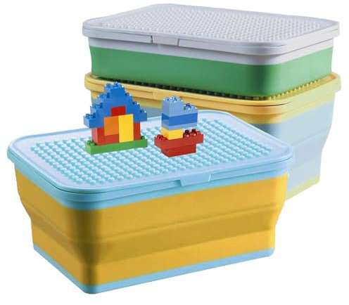 alouweekuky Contenitore Giochi per Lego da 3 pezzi, Pieghevole Organizzatore di Blocchi da Costruzione in Silicone, Scatola di Stoccaggio con Coperchio per Riporre I Giocattoli dei Bambini