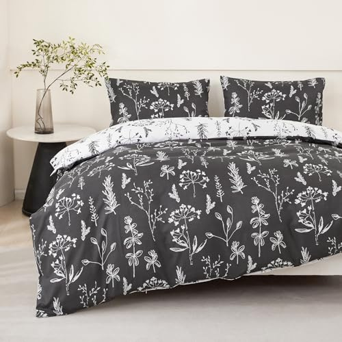 Jemiipee Bettwäsche 135x200 4 teilig Weiß Anthrazit, Bettwäsche-Set mit Blumenmuster, Bettbezug 135 x 200 Kissenbezug 80x80, Deckenbezug Wendebettwäsche Weich mit Reißverschluss