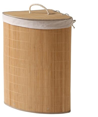 CALICOSY - Cesto portabiancheria angolare - Bambù - Materiale naturale robusto - Borsa interna rimovibile, coperchio e manici in corda - Bagno, lavanderia, camera da letto - L 35 x L 35 x H 60 cm