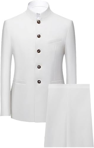 Costume Tunique Chinoise 2 Pièces pour Hommes Ensemble Blazer à Col Mandarin Ensemble Pantalon Veste Boutonnée Robe de Marié Uniforme Traditionnelle