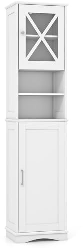 LIFEZEAL Badezimmerschrank, Hochschrank schmal Holz, Platzsparender Badschrank mit 2 Türen und 5 verstellbaren Einlegeböden, Stehender Badmöbel 30 x 40 x 170,5 cm (Weiß)