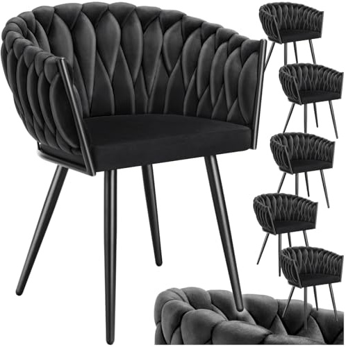 tectake® Samt Stuhl, Schalenstuhl mit Armlehne in Knoten Optik, Esszimmerstühle, Sessel modern für Wohnzimmer, Esszimmer, als Küchenstühle, für Schminktisch, Dining Chair Set - schwarz, 6er Set