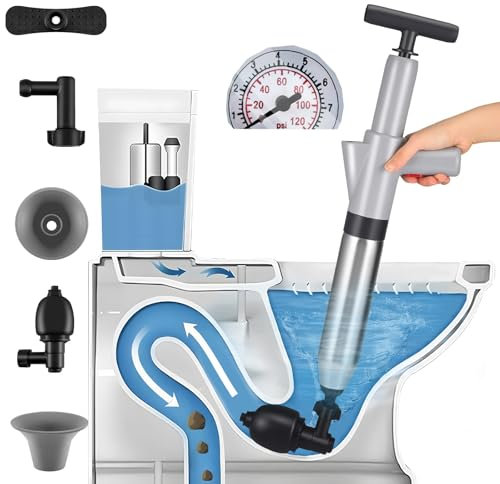 Toilet Plunger, High Pressure Toilet Unblocker, Heavy Duty Drain Plunger Kit with 4 Replaceable Heads, Sink Unblocker Tool for Unblocking Toilet Kitchen Shower Bathtub Floor Pipe Clog, Sewer Dredger