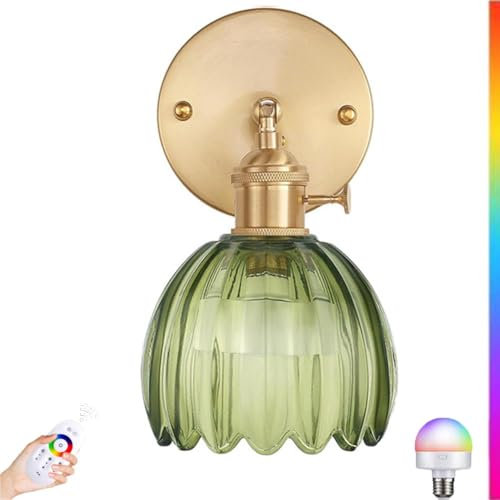 LOGT RGB Wall Light Green Glass Rechargeable Wall Lamp Cordless with Remote Control Dimmable Bedside Lamp Rotatable and Timer Crystal Wall Light USB Charging Without Power Reading Lamp Wall