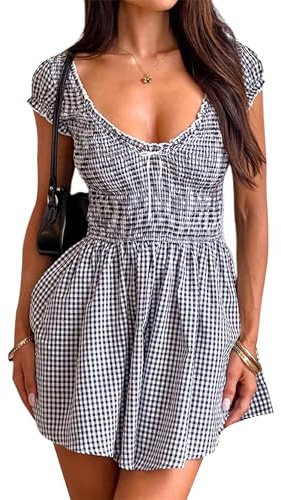 Fiacafyo kvinnor sommar rutig miniklänning kortärmad blommig A-linje smockad midja babydoll djup v-hals Gingham klänning klubbkläder, B-svart, M