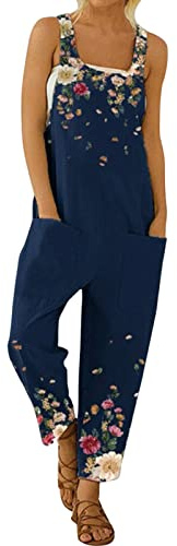 YIzdegg Women's Summer Work Dungarees with Pockets Colourful Floral Pattern Print Spaghetti Straps Summer Overall Dungarees Sleeveless Baggy Jeans Overall Comfortable Stretch Breathable Trouser Suit
