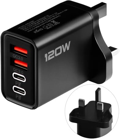 USB C Plug 4-Port Charger Plug 120W Fast Charging UK Multi USB Plug Dual Port PD QC Wall Charger Head Type C Charger Head for iPhone 16 15 14 13 12 Pro Max Plus X XS XR Samsung, Black