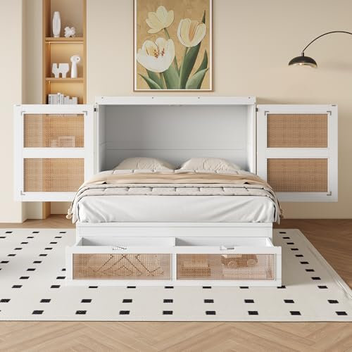 Moimhear Schrankbett, 140x200cm, Wandbett mit Lattenrost, Wandklappbett, vertikales schrankbett mit Lattenrost, mit Stauraumschubladen, Rattan-Design, Jugendbetten (Weiß)