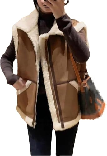 Kvinnor Vintage Tjocka Dragkedjor Ull Väst Varm Ärmlös Kavajslag Läder Lammull Jacka, Brown, M