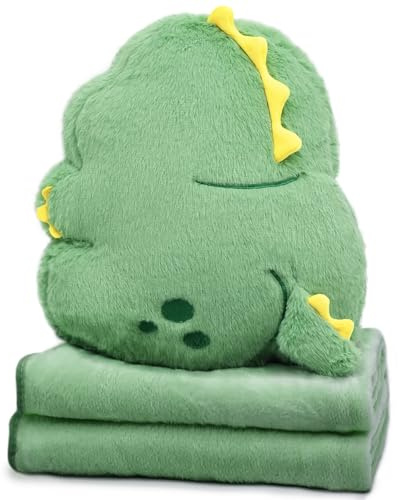 Cyiecw Dinosaur 2 en 1 Couverture à Coutures Coussinées, Couverture de Voyage 100 x 170 cm et Oreiller 35 x 33 cm, Peluche pour Enfants, Cadeau Filles et Garçons pour Noël, Voyage, Vacances(Vert)