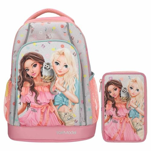 Depesche – TOPModel Juicy – Schulrucksack und 3-Fach-Federtasche, mit Model Motiv und Blumen Muster, Schultasche mit verstellbaren Trägern, Federmappe mit Buntstiften, Schere, Lineal UVM.