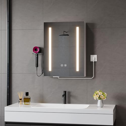 Ztexkee Spiegelschrank Bad mit Beleuchtung und Entnebelungs Funktion Hängend Badezimmer spiegelschrank mit Steckdosen und 2 Einstellbar Einlegeböden für Badezimmer,45x15x60 cm