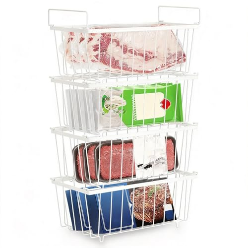 VAVPUP 4-Pack Refrigerator Chest Freezer Baskets,37cm Extra-Large Rustproof Wire Organizers with Collapsible Handles Storage for Kitchen,Pantry,Freezer,Cabinet,Closets (4pcs-white)