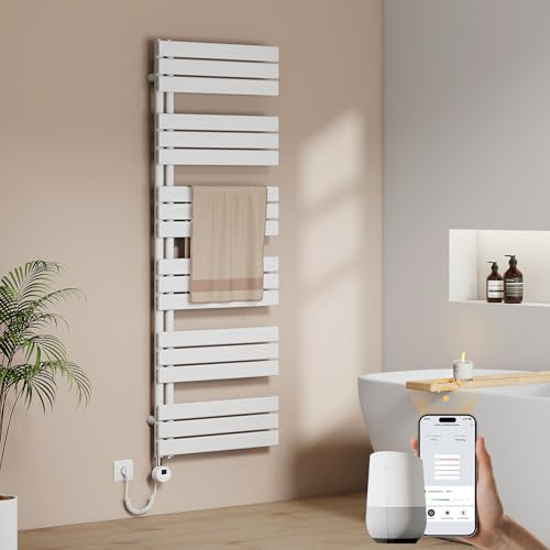 EMKE WiFi Handtuchheizkörper Elektrisch 1599x600 mm - Flach Badheizkörper Elektrisch, Elektrischer Handtuchwärmer Handtuchtrockner Handtuch Heizkörper Bad mit Thermostat und Heizstab - 1000W, Weiß