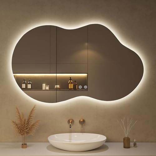 OUMUSU 100x60cm LED Badspiegel mit Beleuchtung Asymmetrischer | Badezimmerspiegel mit Beleuchtung,Beschlagfrei,Touch-Schalter, Dimmbar,3 Lichtfarbe Einstellbare, Bruchsicher