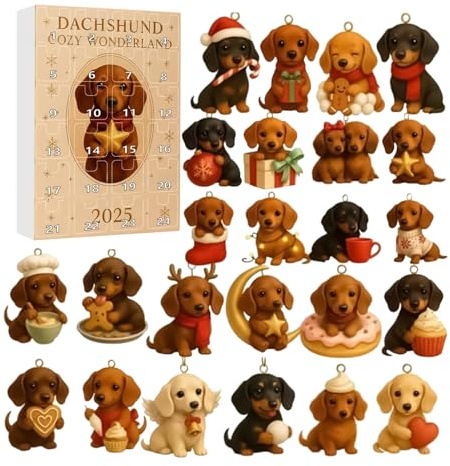 Calendrier compte à rebours – Décoration de l'Avent 24 jours, ornement sur le thème du chien, composition en acrylique résistant, mécanisme de révélation festif quotidien, décoration d'articles de