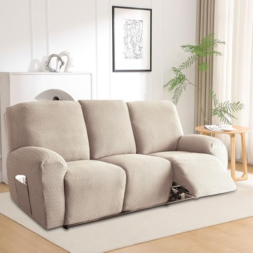 8-Teilig Sesselbezug, Sessel Überzug, All-Inclusive Sesselschoner für Relaxsessel, Sesselschoner für Fernsehsessel, Komplett Sesselbezug, Stretch Sessel Überzug mit Taschen (Graubraun-Dreisitzer)