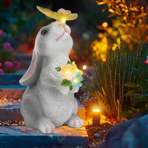 Nzkeuf Statue Solaire de Jardin Lapin Ornament Outdoor, Figurine d'animal de Jardin avec Lumière Solaire, Lapin Décoratif pour la Cour, Cadeau de Pendaison de Crémaillère