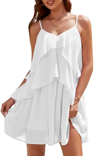 DRESSTELLS Women's Ruffle Dress Tiered Cocktail for Wedding Guest Summer | V Neck Layered Swing Dress, Casual Beach Party Short Boho Dress, Graduation Party Outfit, Fancy Homecoming, Cute Nightout