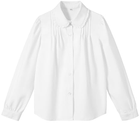 LOLANTA Camicia per Bambine a Maniche Lunghe con Colletto Peter Pan Arricciato, Misto Poliestere Cotone, Camicia da Uniforme Scolastica, Bianco (Colletto a Volant), 7-8 Anni, 130