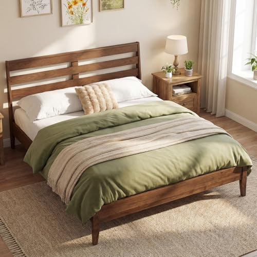 KOMFOTT Queen Size Rubber Wood Bed Frame with Headboard, Mid-Century Platform Bed Frame with Wooden Slats Support & Under-Bed Storage Space, No Box Spring Needed, Solid Wood Queen Bed (Brown)