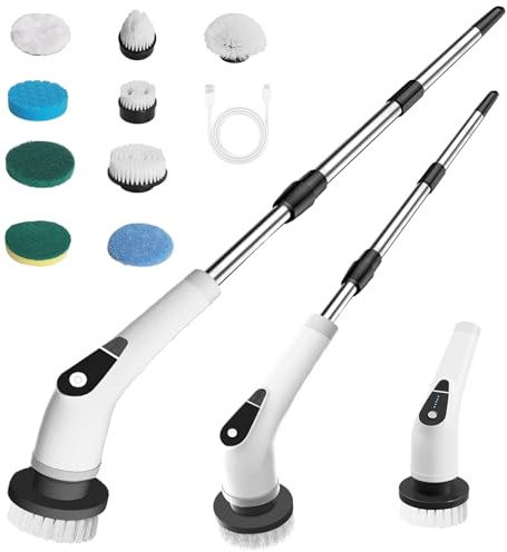Iriisy 9-in-1 Electric Spin Scrubber Cordless Electric Household Cleaning Brush with 9 Interchangeable Heads, 5 Adjustable Speeds, IPX6 Waterproof, Adjustable Extendable Handle for Bathroom Kitchen