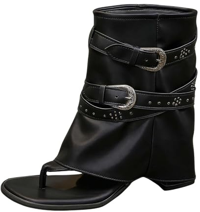 Genérico Botines con hebilla y correa de color sólido de moda, sandalias cómodas a media pantorrilla, diseño elegante e informal con tira en la punta. (Black, 37)
