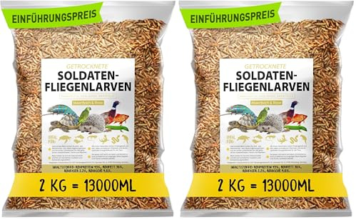Soldatenfliegenlarven getrocknet 2kg (entspricht 13 Litern), Black Soldier Flys, Vogelfutter, Igelfutter mit Insekten, Fischfutter, proteinreicher Snack für Reptilien und Schildkröten (Packung mit 2)
