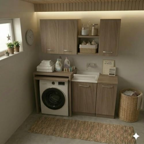Linea Azzurra Composizione Laundry 154 cm con Coprilavatrice Lavatoio 1 Anta Base 1 Anta Pensile 2 Ante Pensile 1 Anta e Mensole Made in Italy Mobile Lavanderia Completo (Olmo)