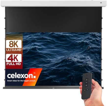 celexon Premium+ 4K Pro MWHT Tension Motorleinwand 100 | 221x124cm 16:9 | elektrische, farbneutrale Beamerleinwand für originalgetreue 8K, 4K, Full-HD Projektionen im Heimkino | ISF-zertifiziert