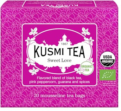 Kusmi Tea - Sweet Love - Mélange aromatisé de Thé Noir, Poivre Rose, Guarana & Épices - 20x sachet de thé mousseline