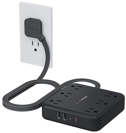 TESSAN 5Ft Black Extension Cord with Multiple Outlets, Surge Protector Power Strip with 6 Outlets and 4 USB Ports (2 USB C), 2100 Joules Protection, Flat Plug, Outlet Extender for Home, Office, Dorm