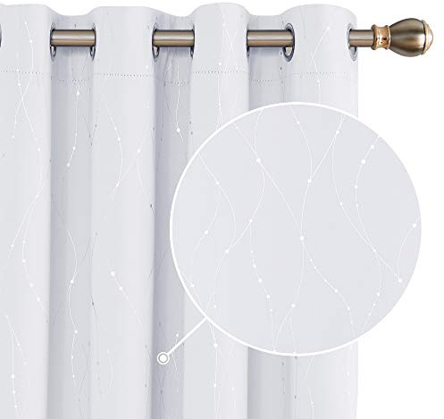 Deconovo Cortina Opaca para Habitación Matrimonio de líneas Plateadas Estilo Moderno Elegante con Ojales 2 Piezas 140x240cm Gris Blanco