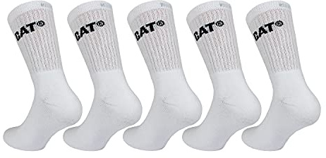 Caterpillar Performance Socks 5 par herrstrumpor, bomullsgarn av utmärkt kvalitet, frottéinsula och vrist, förstärkt tå och häl (Vit, 43-46)