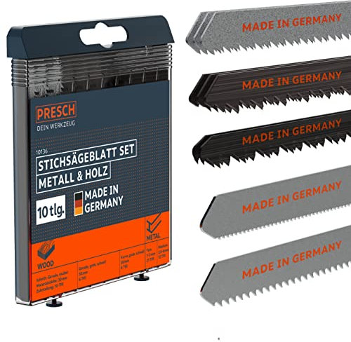 Presch Stichsägeblätter Set Metall & Holz 10 Stk. - Stichsägeblatt Set für alle Anwendungen - Profi Stichsägeblatt Set - Universalschaft für jede Stichsäge - Präzises Sägeblattsortiment