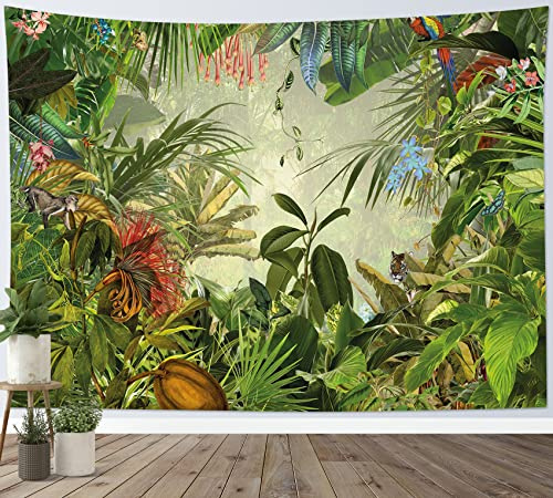 LB Wandteppich Tropischer Dschungel Wandtuch Grüne Palmblatt Wildtiere Wandbehang Pflanzen und Blumen im Wald Tapisserie für Wohnzimmer Schlafzimmer Wohnheim Wanddeko,235x180cm