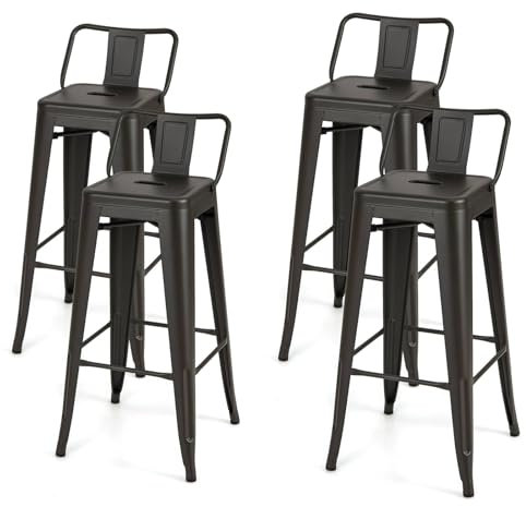 GiantexUK Metal Bar Stools Set of 4, Stackable Kitchen Chairs with Low Backrest, Footrests & Non-Slip Foot Pads, Breakfast Barstools for Home Dining Living Room Office Pub (Gun, 42 x 42 x 92cm)