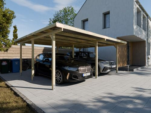Woodtex Holz Doppel-Carport | 595 x 495 cm | 210 cm hoch | Fichte Kiefer Carport | mit UV-Schutz | 9er Pfosten | inkl. Dacheindeckung