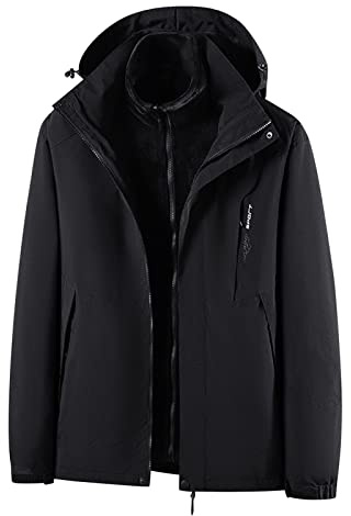 Waterproof Jacket Mens 3 in 1 Water Resistant Jacket Warm Windbreak Jackets Detachable 2 Pieces Sets Inner Fleece Thicken Jackets with Hooded Coat Hiking Ski Suit Outdoors Camping Travelling Plus Size