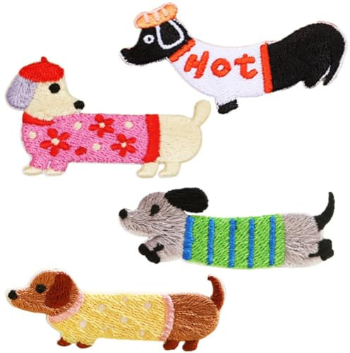 Tsffae 4 Stück Süße Dackel Bestickte Hunde-Patches Für Mädchen-, DIY Kleine Klebeaufkleber Für Kinderkleidung, Haarspange, Designer