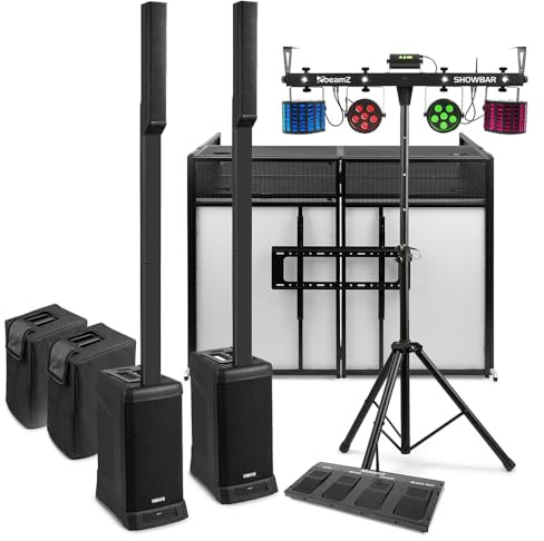 Vonyx VX820 Column Array Speaker Mobile Disco Setup with DJ Booth & TV Mount, 4-Channel Bluetooth Mixer, LED Lighting System, DJ PA System Package for Events, Parties, & Weddings