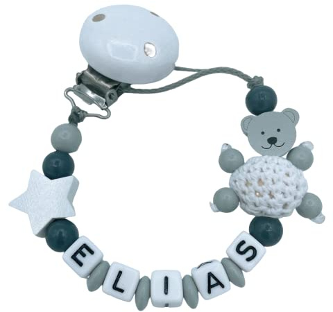 personalisierte Individuell gestaltetes Babygeschenk mit Namen für für Mädchen oder Junge in Natur Holz Blau Rosa Grau Baby Geschenk (Weiß Stern & Teddy)