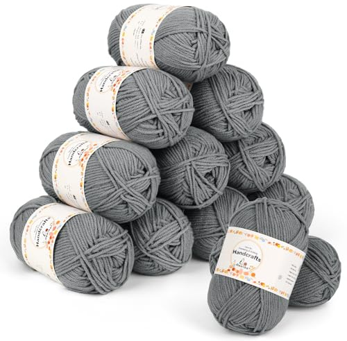 Aeelike 600 g (12 x 50 g) garn 5Ply bomull för virkning, virk- och stickgarn för stickning, virkning och hantverk, virkgarn ull set Färgrik, mörkgrå