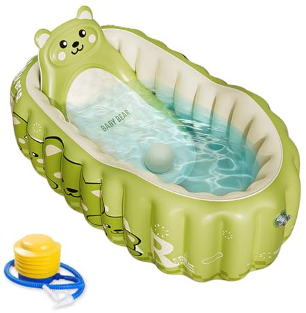WRQIOO Aufblasbare Badewanne Kinder, Aufblasbare Babybadewanne mit Rückenlehne, Aufblasbare Baby Badewanne zum Sitzen & Eingebauter Luftpumpe, 90x58x34cm Faltbarer Duschbecken Kinder(Grün)